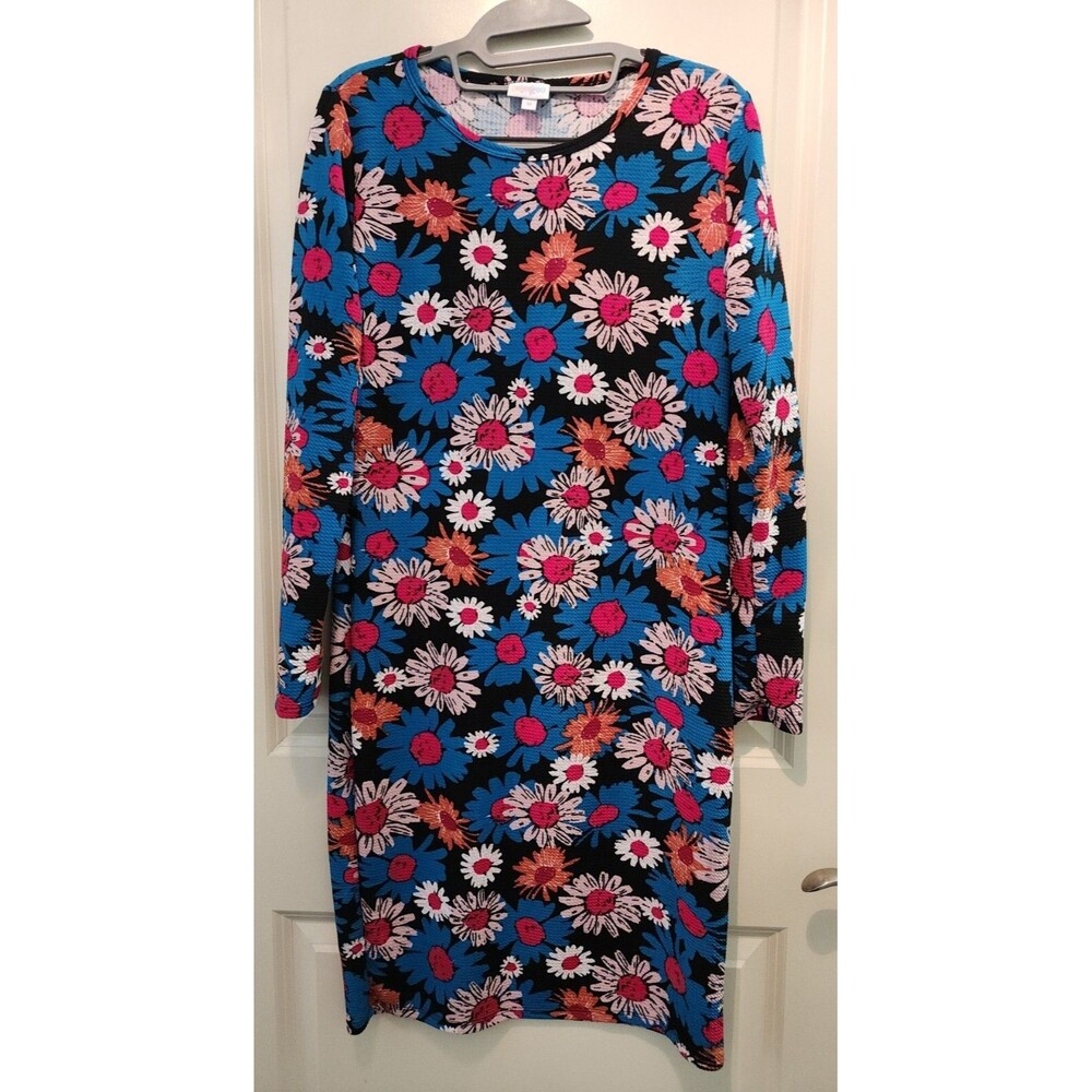 Lularoe Debbie Dress Teal Pink Orange Flowers On Black Long Sleeve